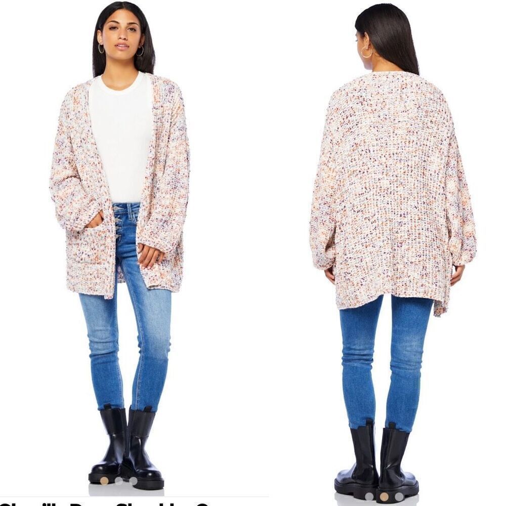 Woven Heart Marled Chenille Drop Shoulder Open‎ Cardigan Medium